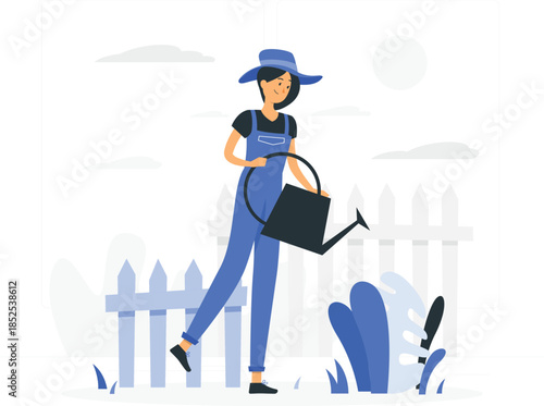 Woman in blue overalls watering plants with black watering can gardening black shoes blue hat