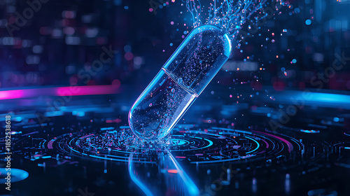 Futuristic transparent medicine capsule with glowing digital data particles.