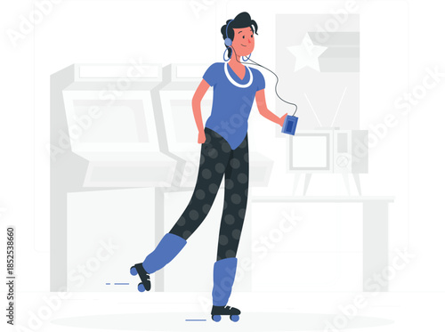 Woman in blue shirt and black polka dot pants rollerblading with headphones and a boombox des