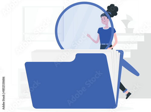 Woman in blue shirt walking out of large blue file folder office cartoon
