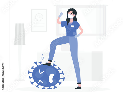 Woman in medical scrubs and face mask standing on a blue virus des