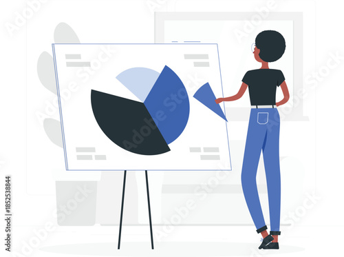 Woman presenting blue and black pie chart on easel presentation business office
