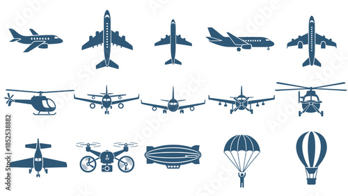 Various aircraft and vehicles for travel and transportation icons