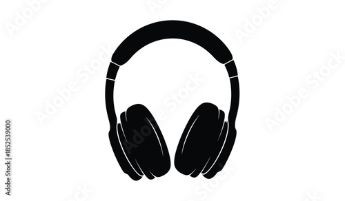 A simple black and white illustration depicts a pair of over ear headphones showcasing a modern design aesthetic and highlighting audio technology
