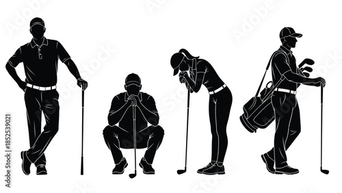Golfers in Various Poses with Clubs and Equipment Silhouette