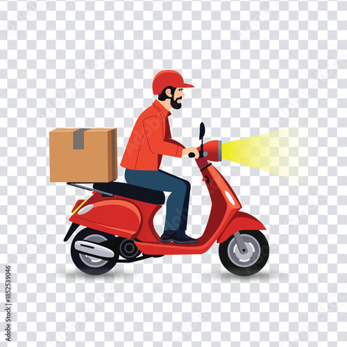 Cartoon Delivery Person on Red Scooter Carrying Package with Headlight On