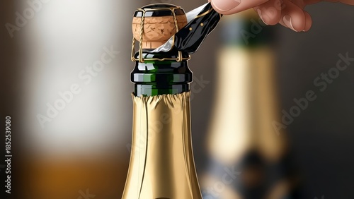 Opening a bottle of champagne with a corkscrew, close-up shot.