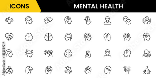 Mental health line icon set. Anxiety, stress, psychology, brain, etc, symbols  collection Vector illustration