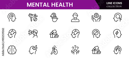 Mental health line icon set. Anxiety, stress, psychology, brain, etc, symbols  collection Vector illustration