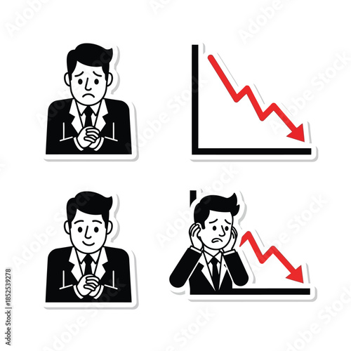 four cartoon stickers showing businessmen experiencing different emotions related to financial performance, including worry, happiness, and distress, alongside downward trend graphs.