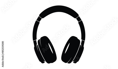 A simple black and white illustration depicts a pair of over ear headphones showcasing a modern audio device design with sleek curves and a