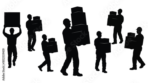 Silhouettes of workers carrying boxes in various poses and positions