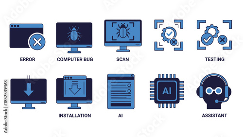 AI technology and computer bug icons for software testing and installation