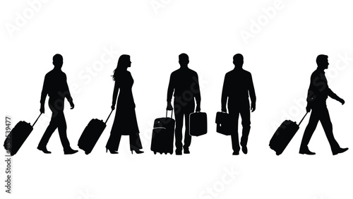 Travelers walking with luggage in a line silhouette