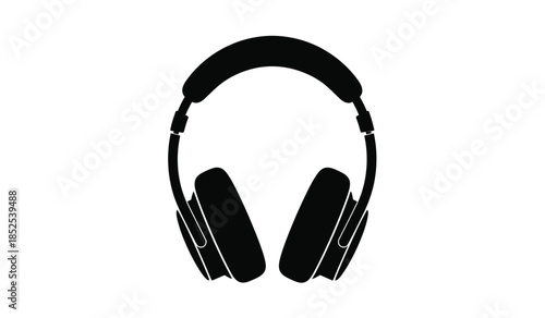 a simple black and white illustration depicts a modern over ear headphone design showing its curved shape and essential features clearly