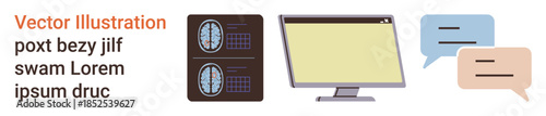 Healthcare, communication, diagnosis, medical analysis, telemedicine, clinical technology. Brain scans displayed, computer monitor and speech bubbles. Healthcare and communication concepts