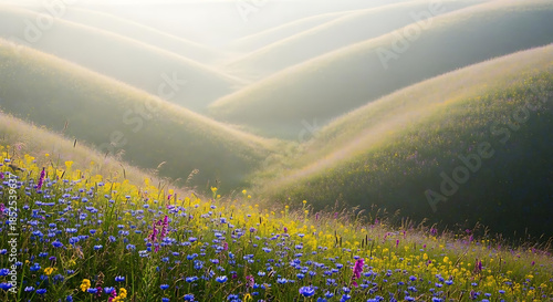 Serene landscape with vibrant wildflowers in a green rolling hills field during sunny daytime with natural light