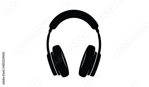 A simple black and white silhouette depicts a pair of over ear headphones showcasing a modern design for audio listening and music enjoyment