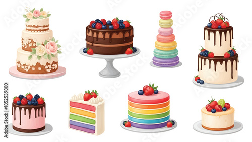 Variety of Colorful Cakes with Fruits and Decorations