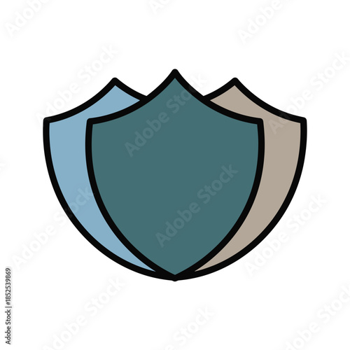 Three stylized shields in blue and tan colors, representing security, protection, and defense in a modern design