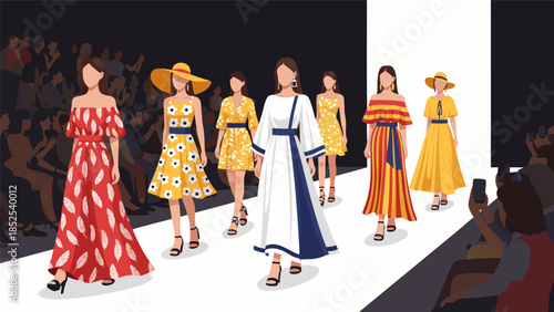 Fashion Show Runway Models Displaying Vibrant Dresses and Hats to Enthusiastic Audience