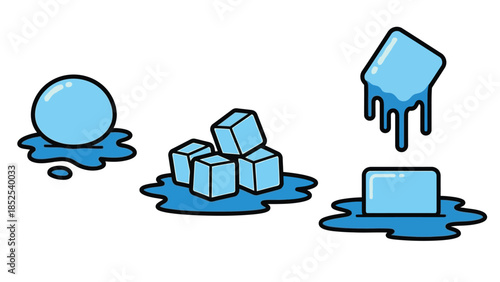Melting Ice Cubes and Sphere Cartoon Illustration