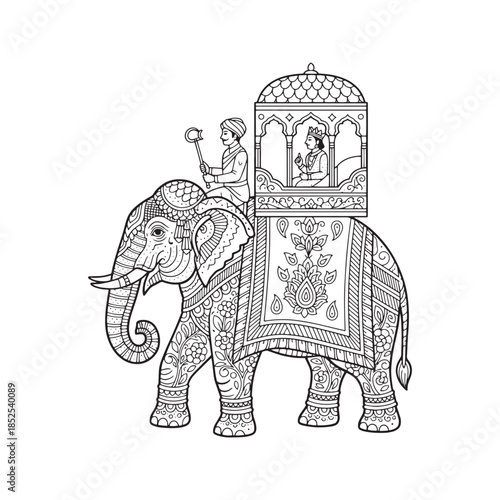 Traditional Indian decorated elephant with king in howdah. Royal procession line art drawing. Black and white vector illustration for coloring book.

