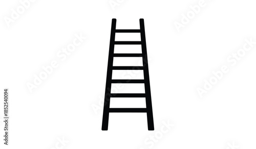 A simple black and white illustration depicts a freestanding ladder with evenly spaced rungs against a clean white background conveying utility