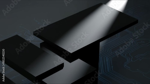 Minimalist Floating Platforms. Abstract scene featuring several sharp-edged, matte black geometric platforms floating in empty space. A single ray of light dramatically highlights the edges. Clean, mo