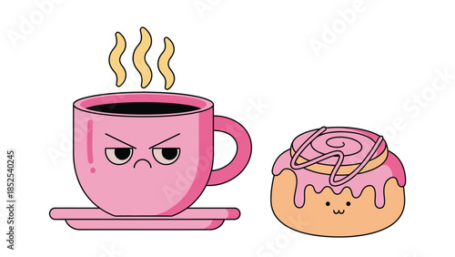 Angry coffee cup and happy cinnamon roll cartoon characters
