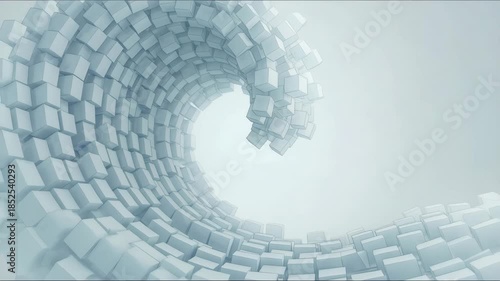 Abstract Wave of Cubes. Dynamic background composition where thousands of small, identical pale blue cubes form a large, cresting wave shape. Soft shadows, clean digital art, concept of movement and u