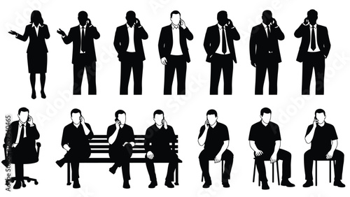 Business people silhouettes talking on phones in various poses and settings