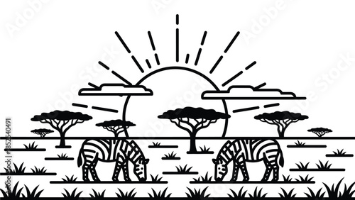 Black and white zebras grazing at sunset in savannah landscape