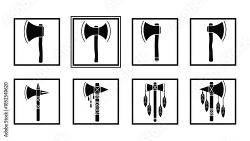 Black and white ax icons with various designs and feathers