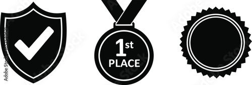 Silhouette icons of shield with checkmark 1st place medal and gear isolated on transparent background