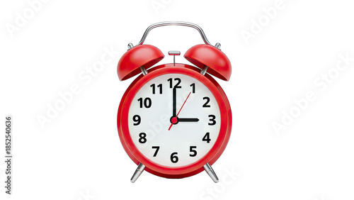 Red Alarm Clock Showing 3 O'Clock on White Background