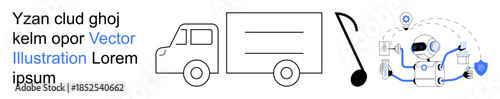 Logistics, music industry, transportation, cybersecurity, digital connections, online location tracking. Outline drawing of a truck, music note and tech icons. Logistics and music industry concept
