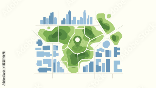 Modern city map with green spaces and urban areas highlighted