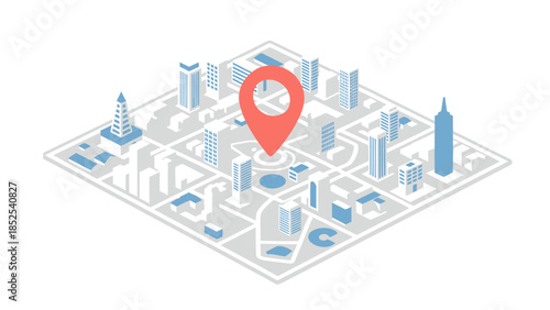 Modern city map with red location pin on urban landscape