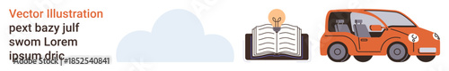 Education, transportation, innovation, knowledge sharing, creativity, learning tools. A cloud icon, an open book with bulb and a car. Education and transportation concept visually