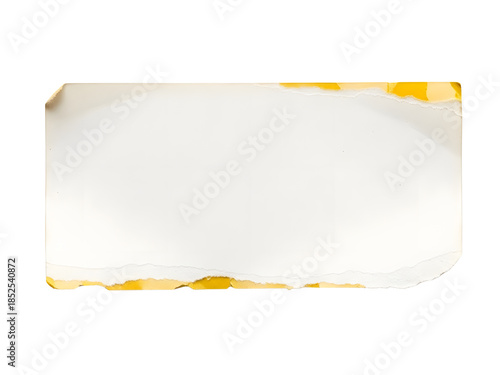 Blank white rectangular paper label with torn edges and yellowed adhesive residue, isolated on white background.