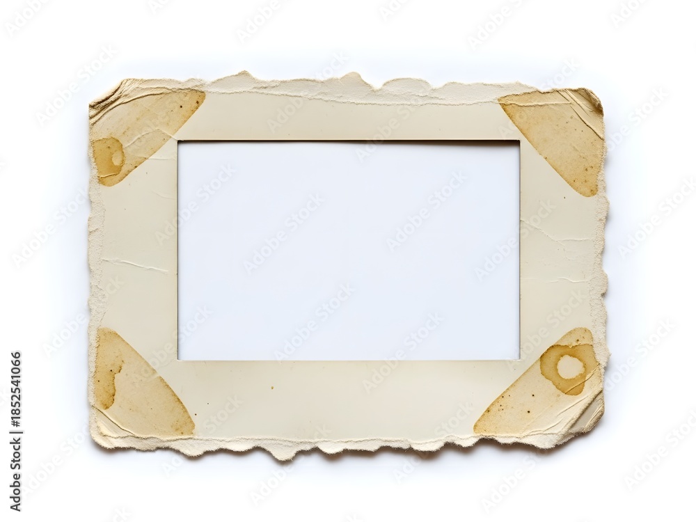 Fototapeta premium An empty, aged, and stained vintage photo frame or album page with torn edges and corner slots on a white background, evoking nostalgia.