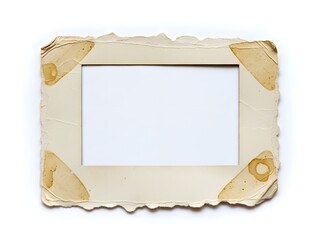 An empty, aged, and stained vintage photo frame or album page with torn edges and corner slots on a white background, evoking nostalgia.