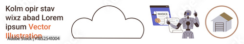 Cloud storage, artificial intelligence, automation, invoicing, smart technology, cybersecurity. A cloud, robot and invoice visualization. Cloud storage and artificial intelligence concepts