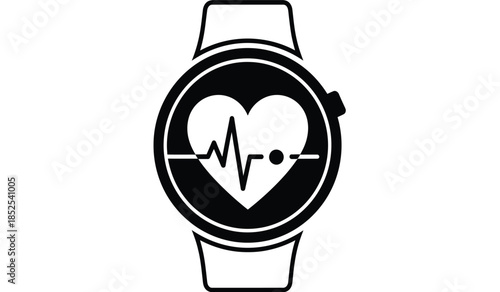 A simple black and white illustration of a smartwatch displaying a heart rate monitor on its circular screen implying health tracking