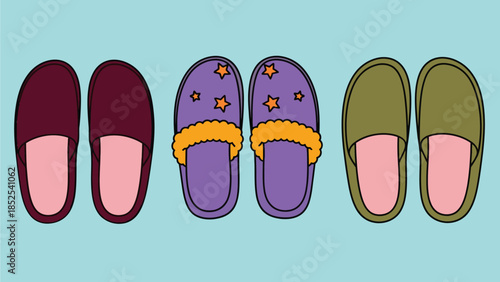 Colorful cartoon slippers in various styles and colors