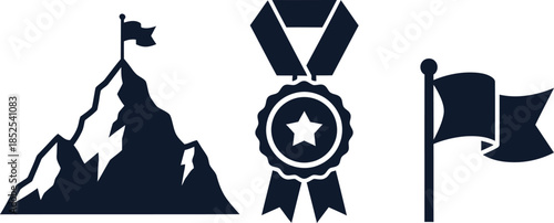 Silhouette icons of mountain medal and flag isolated on transparent background