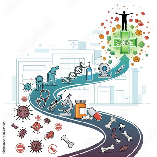 Medical research journey from disease to cure illustrating healthcare innovation and scientific discovery vector illustration for med