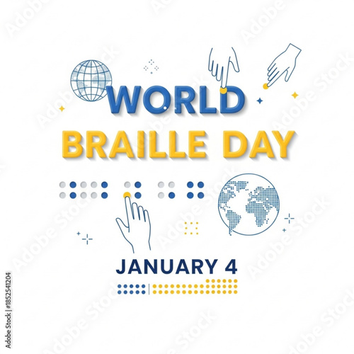 World Braille Day January 4 illustration with tactile dots and globe concept for accessibility and inclusion awareness