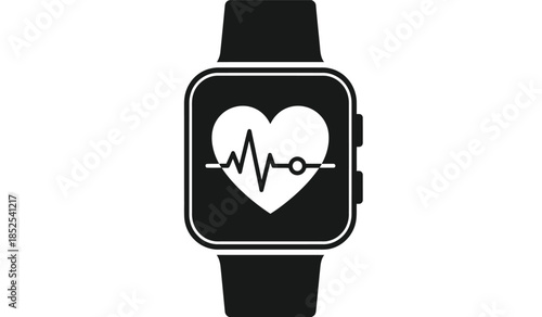 A minimalistic black and white vector illustration of a smartwatch displaying a heart rate monitor icon on its screen high quality